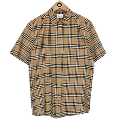 Burberry Tan Brown Nova Check Short Sleeve Poplin Cotton Shirt