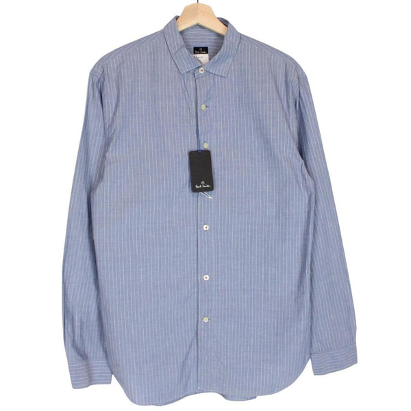 Paul Smith blue striped long sleeve cotton shirt with logo tag and fresh tags attached.