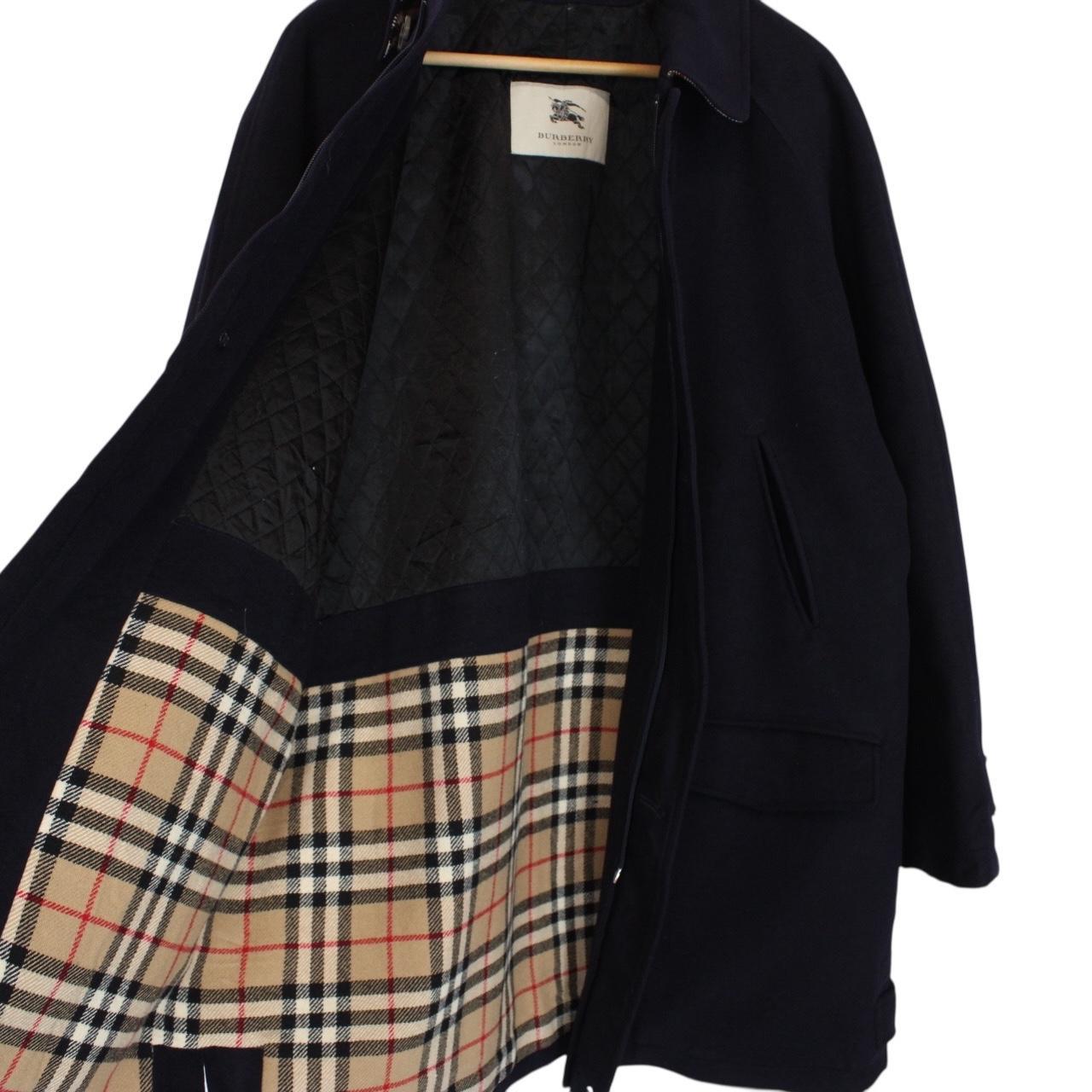 Burberry London Navy Blue Nova Check Lined Cashmere Wool Coat