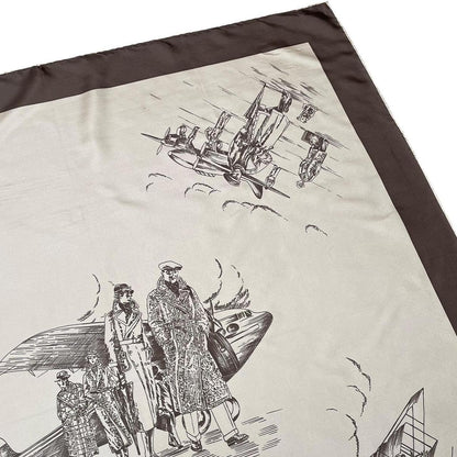 Vintage Burberry Beige and Brown Aviation Print Silk Scarf