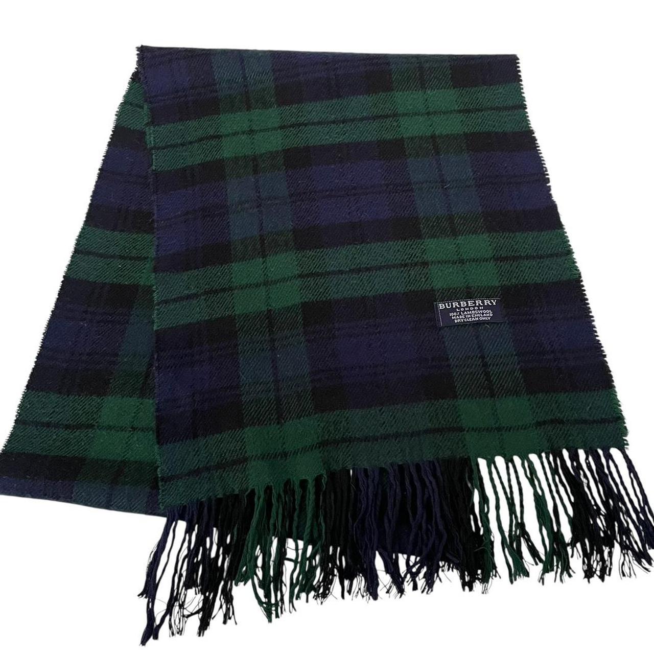 Vintage 90s Burberry Navy Blue and Green Check Lambswool Scarf