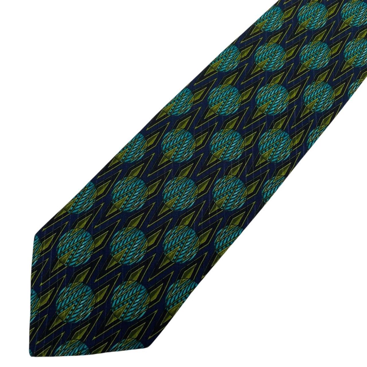Vintage Valentino Green and Navy Blue Geometric Pattern Silk Tie
