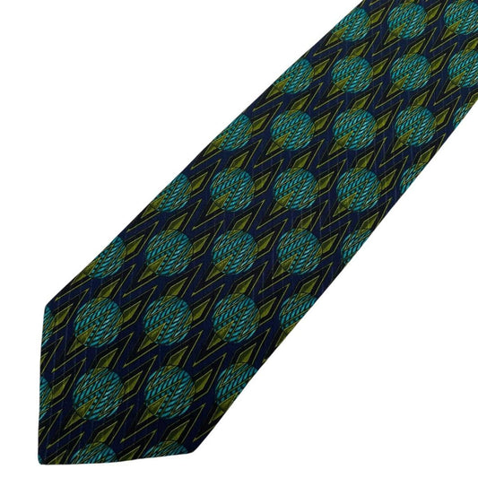 Vintage Valentino Green and Navy Blue Geometric Pattern Silk Tie