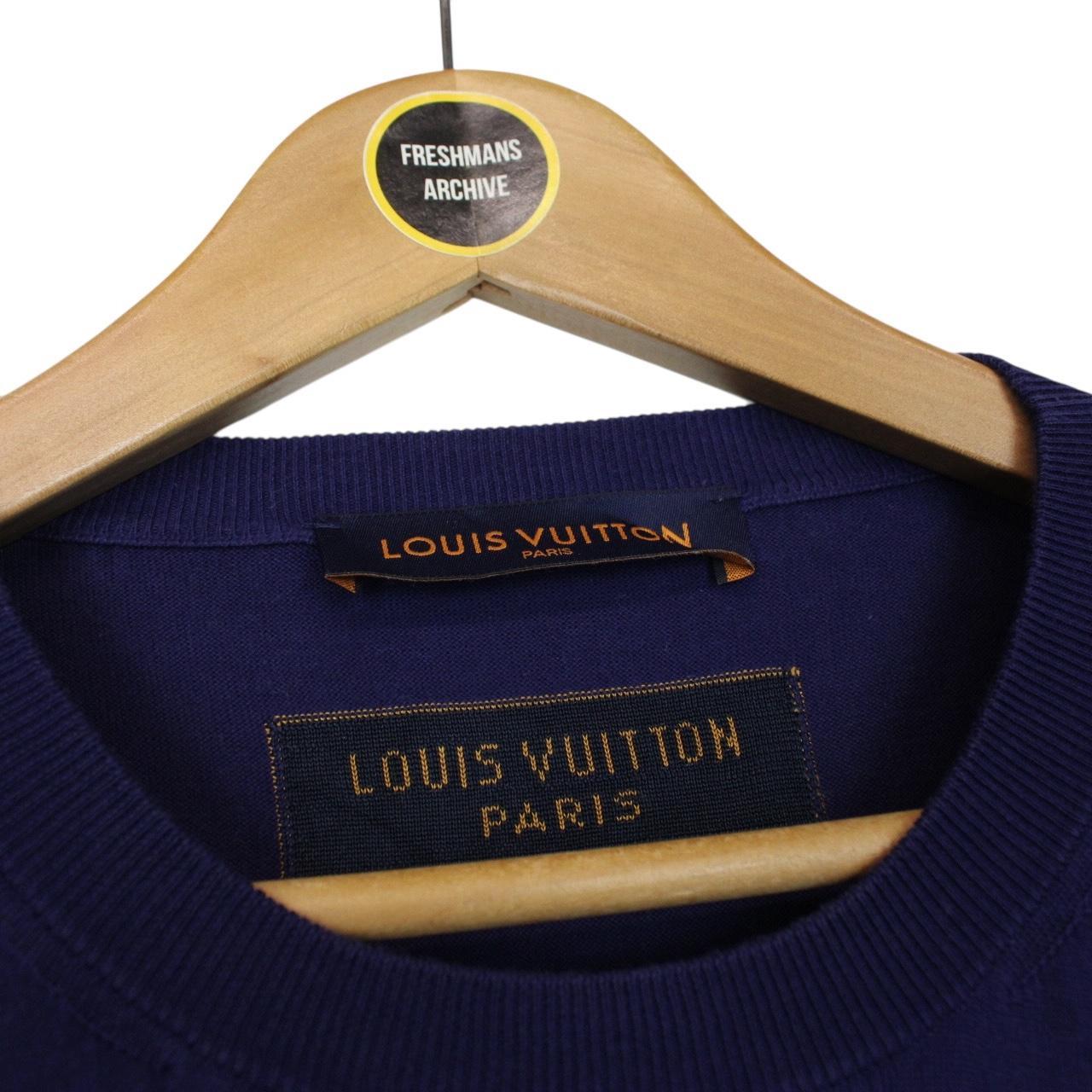 Louis Vuitton LV Logo Print Navy Blue and White Short Sleeve Cotton Knit T-Shirt