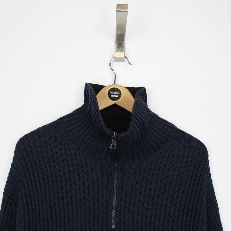 Vintage Stone Island AW 2002 Navy Blue Ribbed Wool Knit 1/4 Zip Jumper