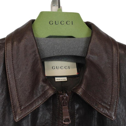 Gucci Horsebit Brown Full Zip Lambskin Leather Bomber Jacket