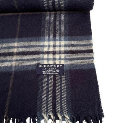 Vintage 90s Burberry Navy Blue Check Lambswool Scarf