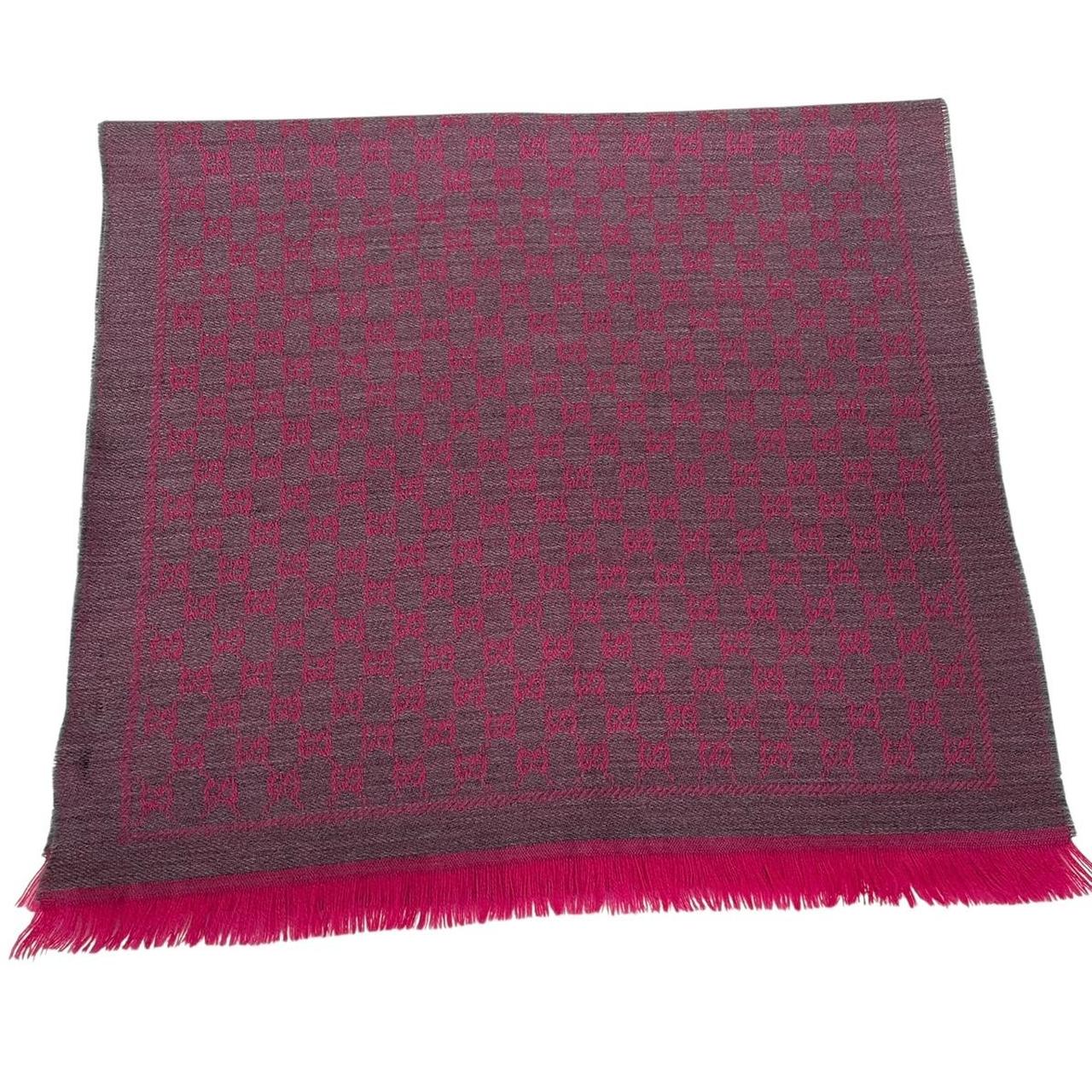 Gucci Grey and Pink GG Monogram Frayed Wool Scarf
