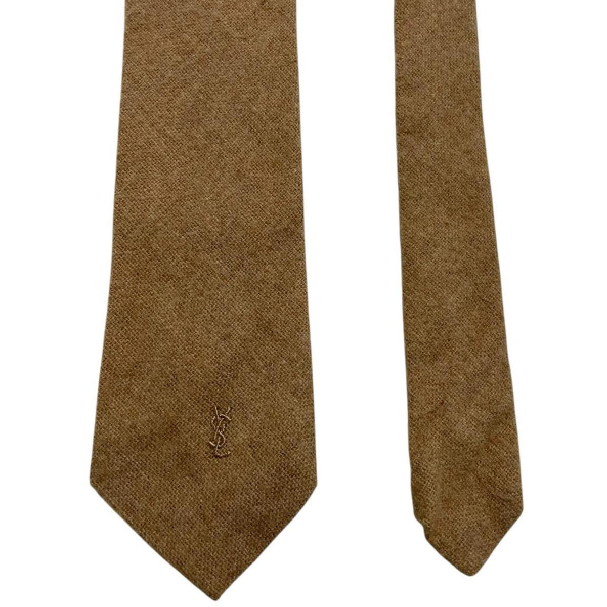 Yves Saint Laurent tan brown tie polyester/wool blend with subtle texture.