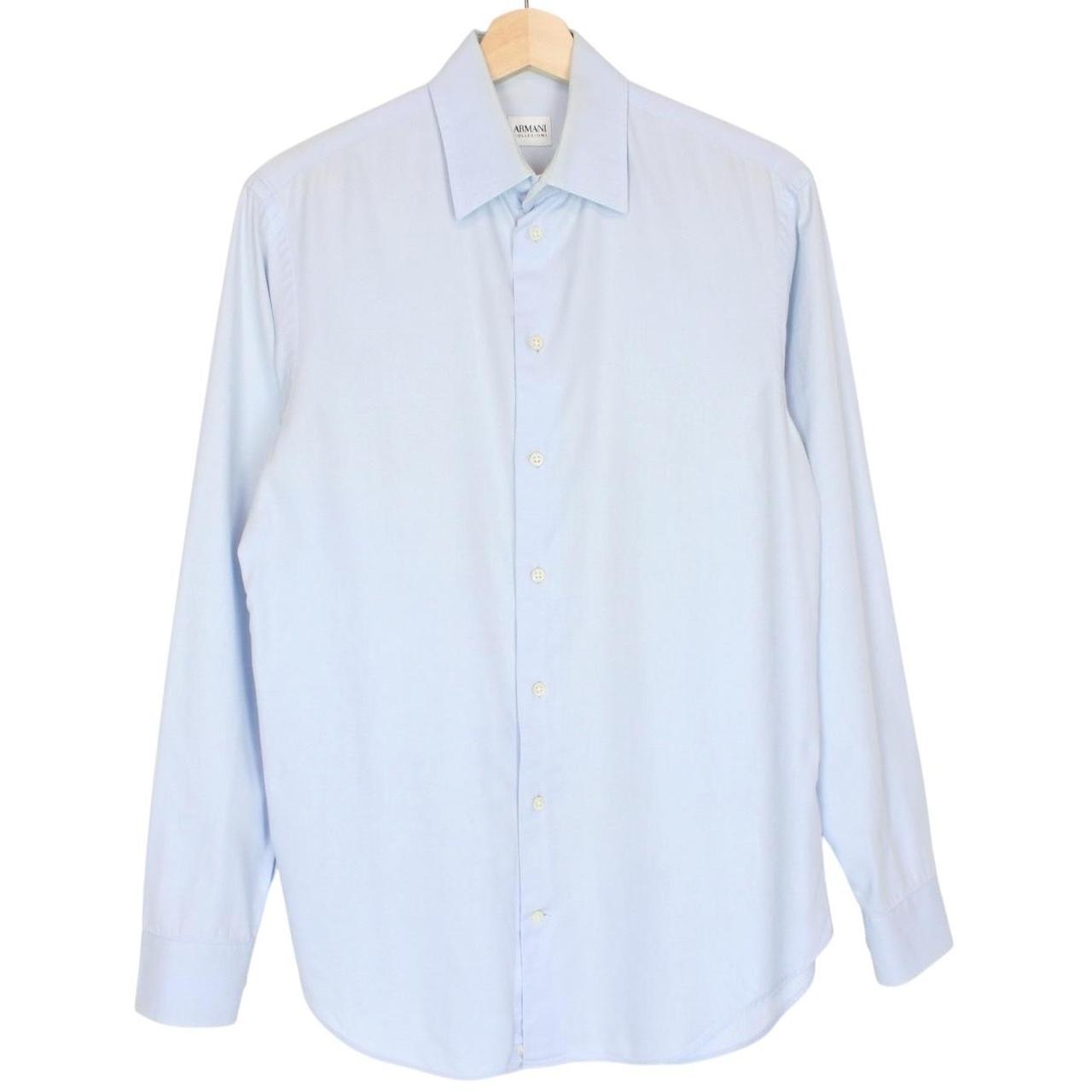 Armani light blue long sleeve cotton shirt with subtle collar discolouration.