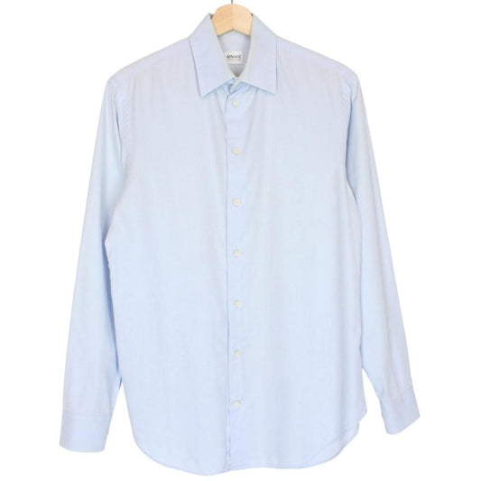 Armani light blue long sleeve cotton shirt with subtle collar discolouration.