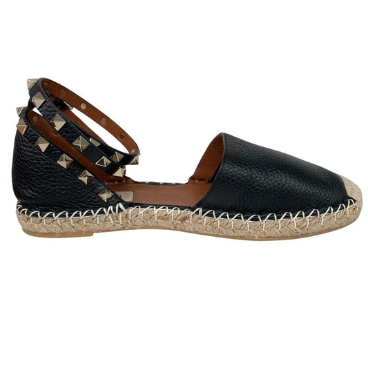 Valentino Garavani Rockstud Black and Brown Leather Espadrille Flat