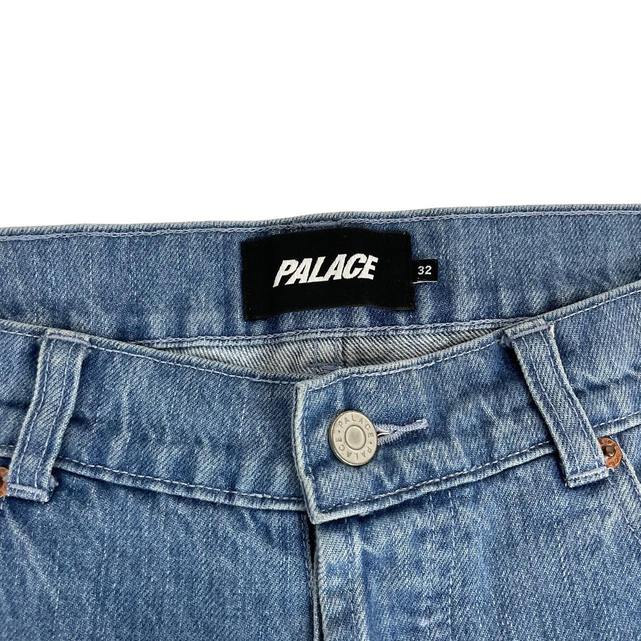 Palace blue straight jeans with mid stone wash and quacked pattern details.