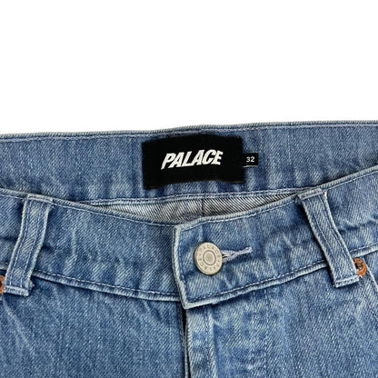 Palace blue straight jeans with mid stone wash and quacked pattern details.