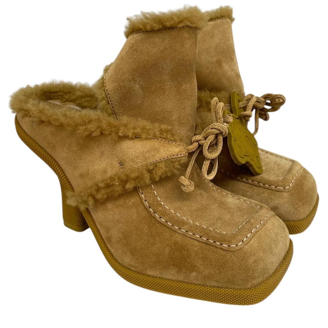 Burberry Tan Brown Highland Shearling Trim Suede Heeled Mules