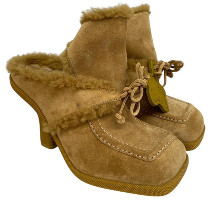 Burberry Tan Brown Highland Shearling Trim Suede Heeled Mules