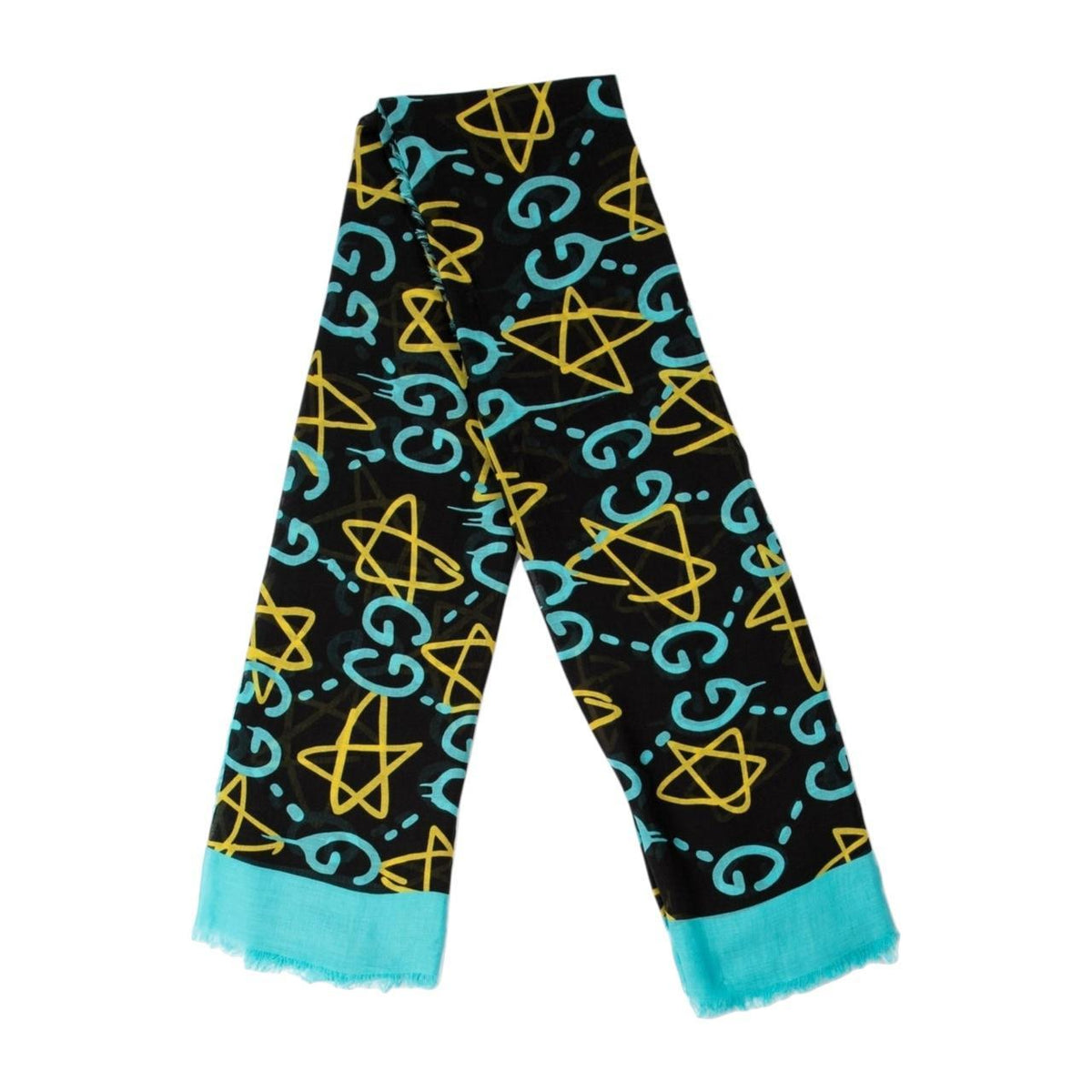 Gucci black and blue modal silk scarf with GG star pattern and logo.
