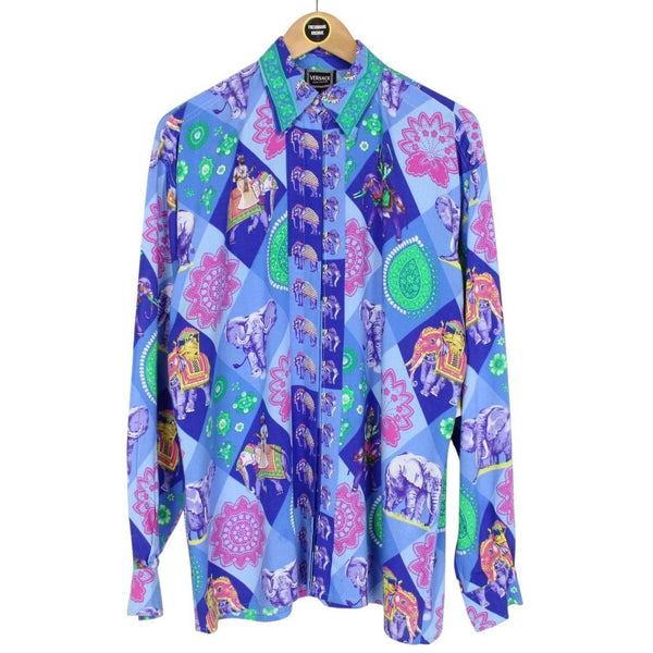 Vintage Versace Jeans Couture Multicoloured Long Sleeve Elephant Viscose Shirt
