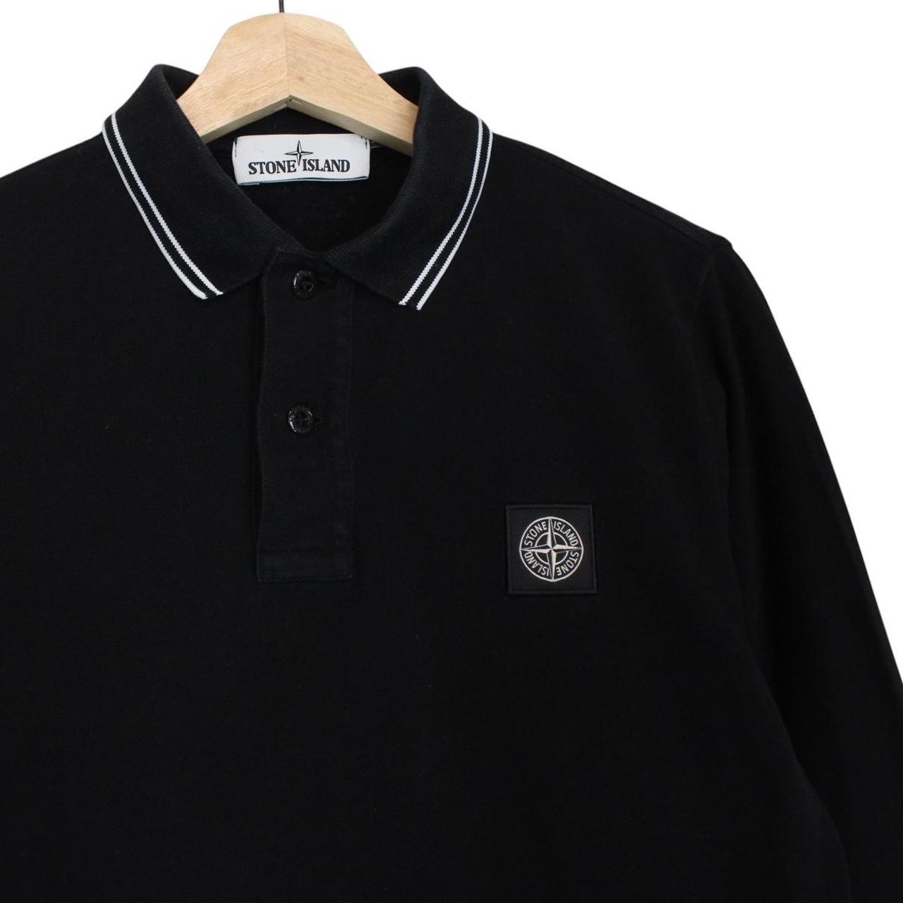 Stone Island black long sleeve polo shirt with embroidered compass logo and slim fit.