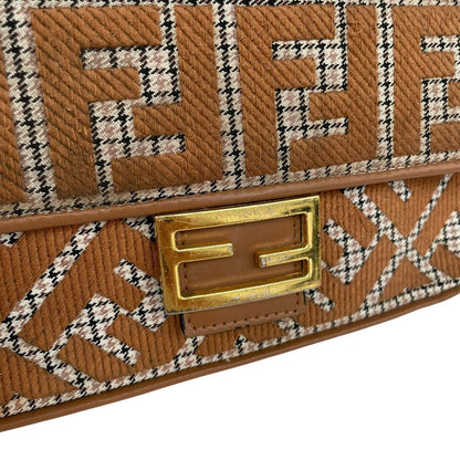 Fendi brown check duffel bag with logo detail and minor wear.