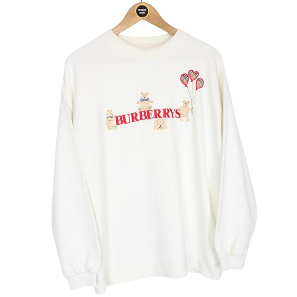 Vintage Burberry Embroidered Bear Print White Cotton Sweatshirt