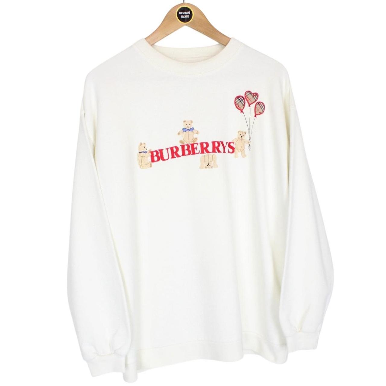 Vintage Burberry Embroidered Bear Print White Cotton Sweatshirt