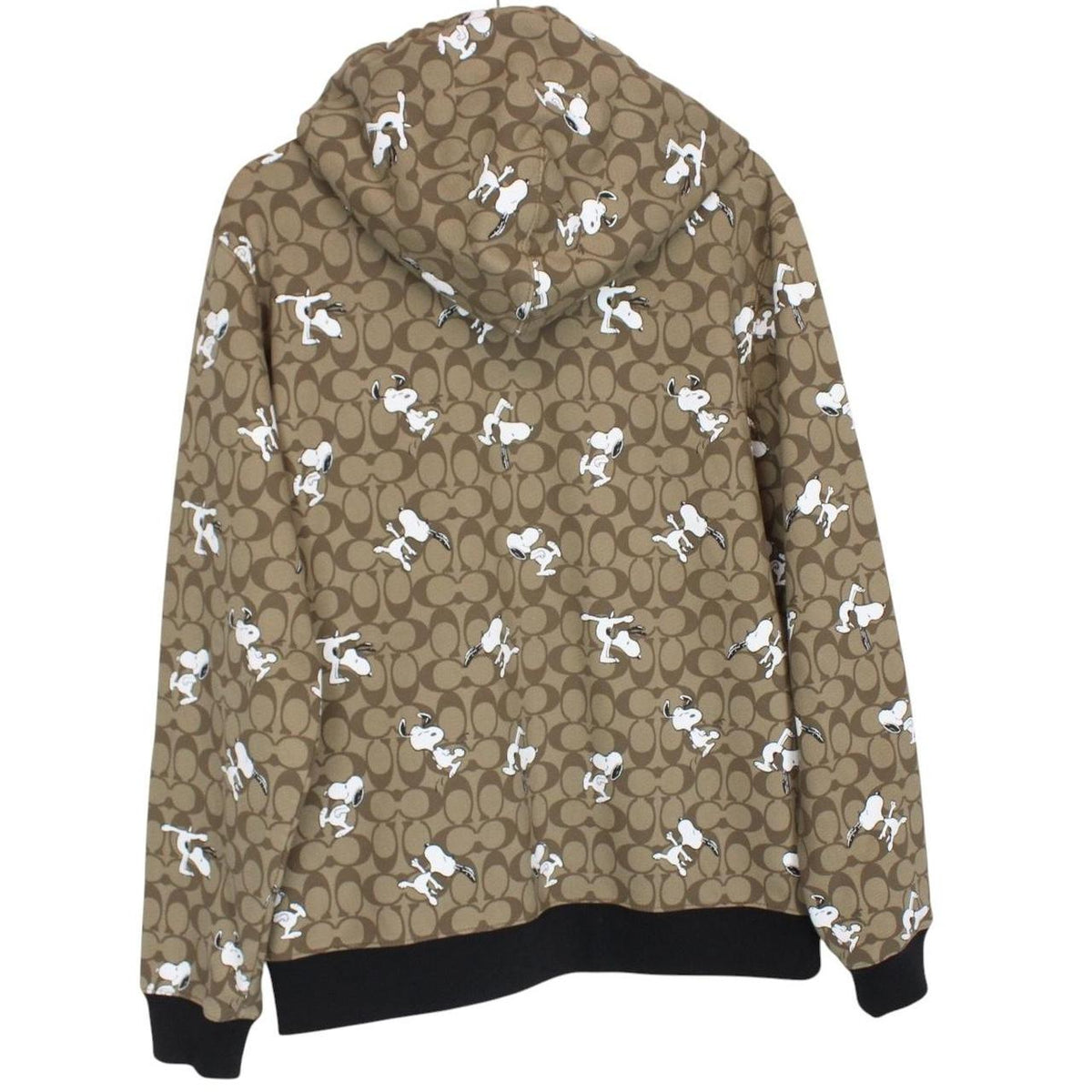 Coach brown hoodie featuring Peanuts Snoopy graphic and full zip design.