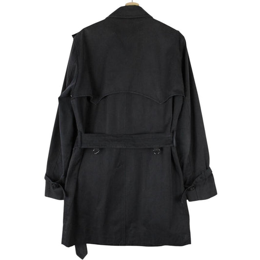Aquascutum black trench coat with house check pattern and belted waist detail.