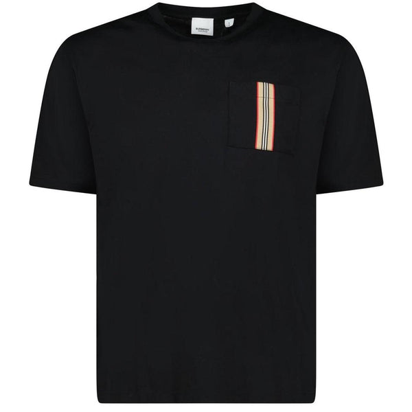 Burberry black pocket t-shirt with embroidered logo and striped detail on sleeve.