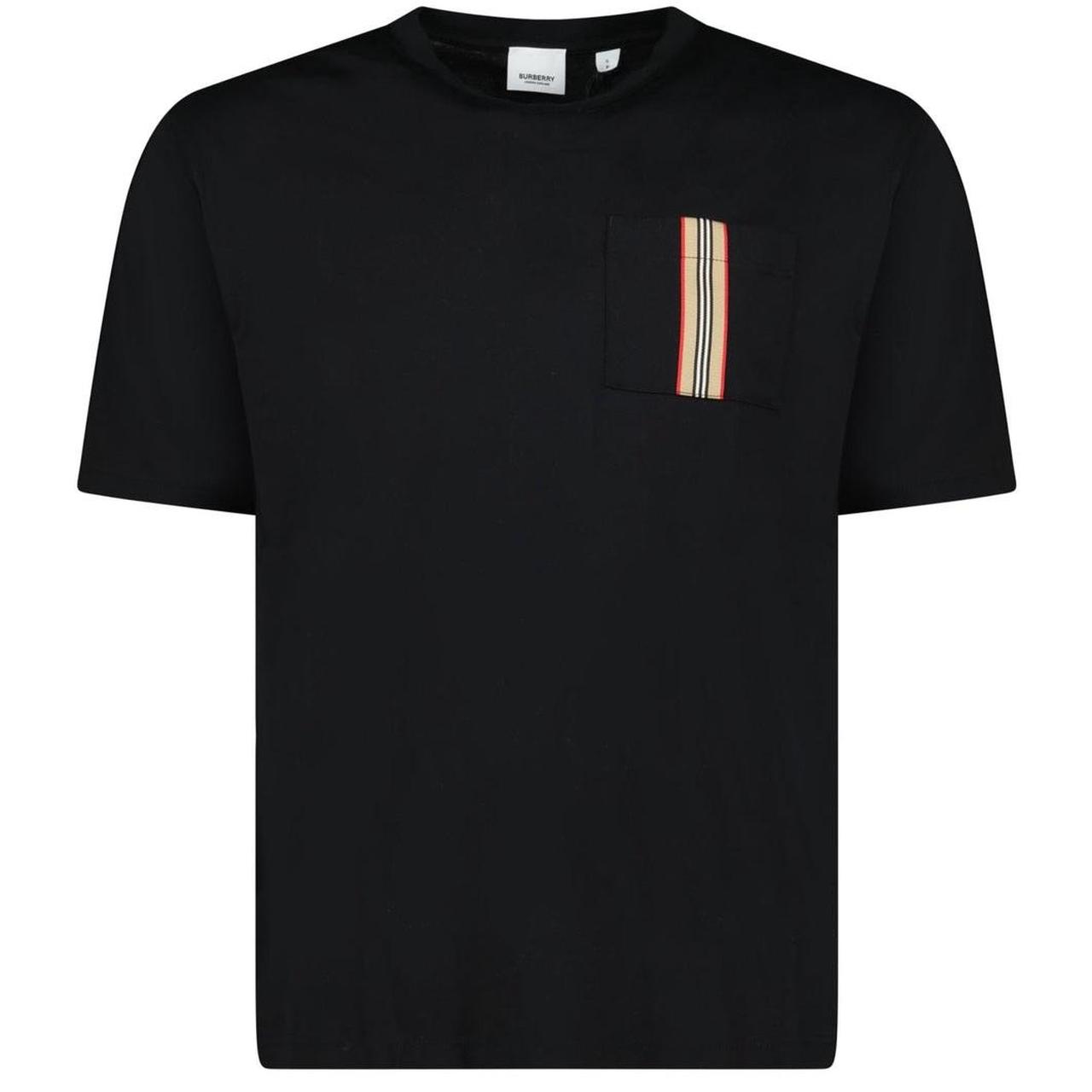 Burberry black pocket t-shirt with embroidered logo and striped detail on sleeve.