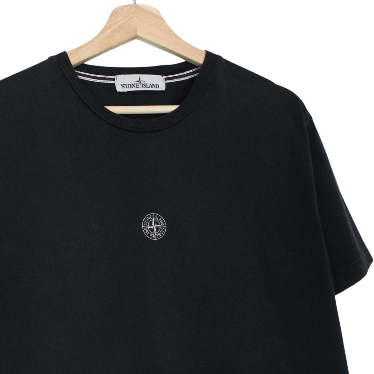 Stone Island black short sleeve cotton t-shirt with logo patch on sleeve.