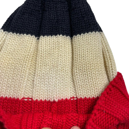 Moncler cream beanie hat with colour block design and embroidered logo.