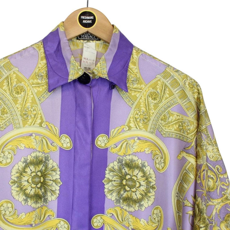 Vintage 90s Gianni Versace Purple and Gold Long Sleeve Baroque Silk Shirt
