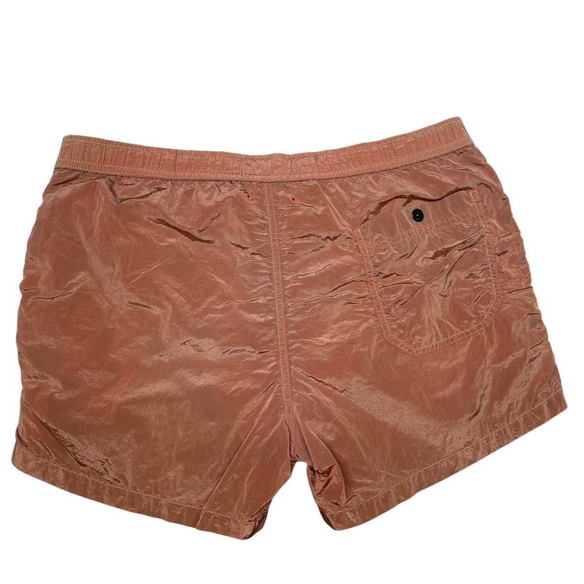 Stone Island orange swim shorts with logo patch and nylon metal material.