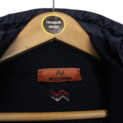 Missoni Navy Blue Quilted Shell Cotton Blend Full Zip Hooded Down Jacket