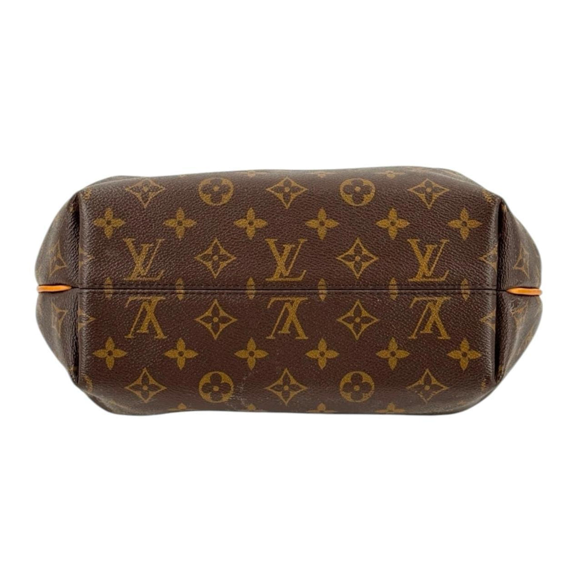 Louis Vuitton brown messenger bag with monogram canvas and leather trim details.