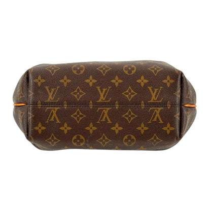 Louis Vuitton brown messenger bag with monogram canvas and leather trim details.