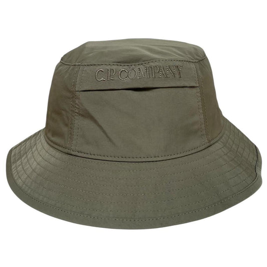 CP Company green bucket hat embroidered logo, made from Chrome-R nylon material.