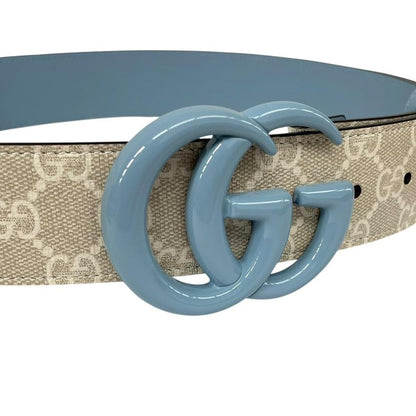 Gucci Beige and Light Blue GG Monogram Marmont Wide Leather Belt