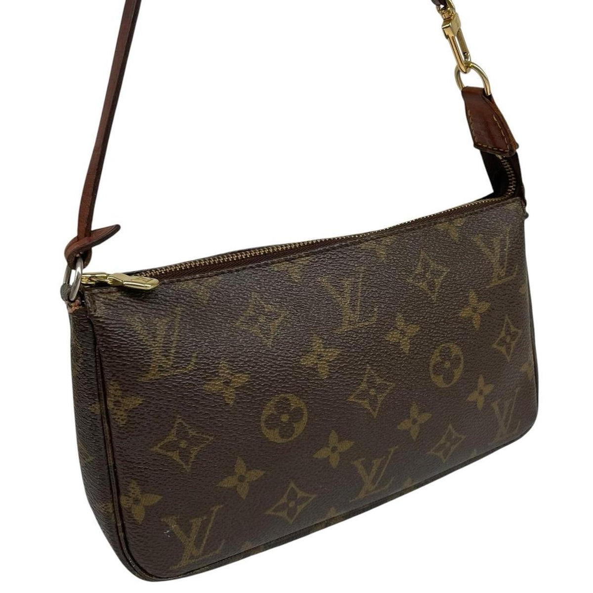 Louis Vuitton brown messenger bag with monogram pattern and gold-tone hardware.