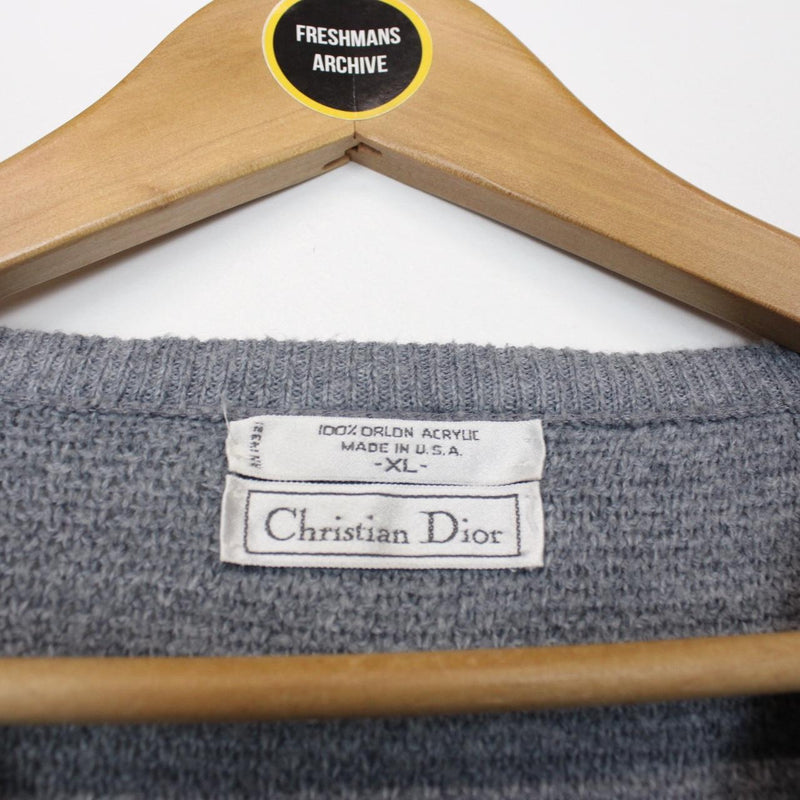 Vintage 90s Christian Dior Blue Orlon Arcylic Knit V-Neck Jumper