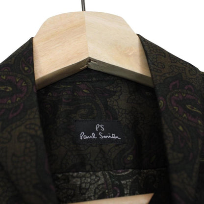 Paul Smith khaki green long sleeve shirt with paisley print and cotton material.