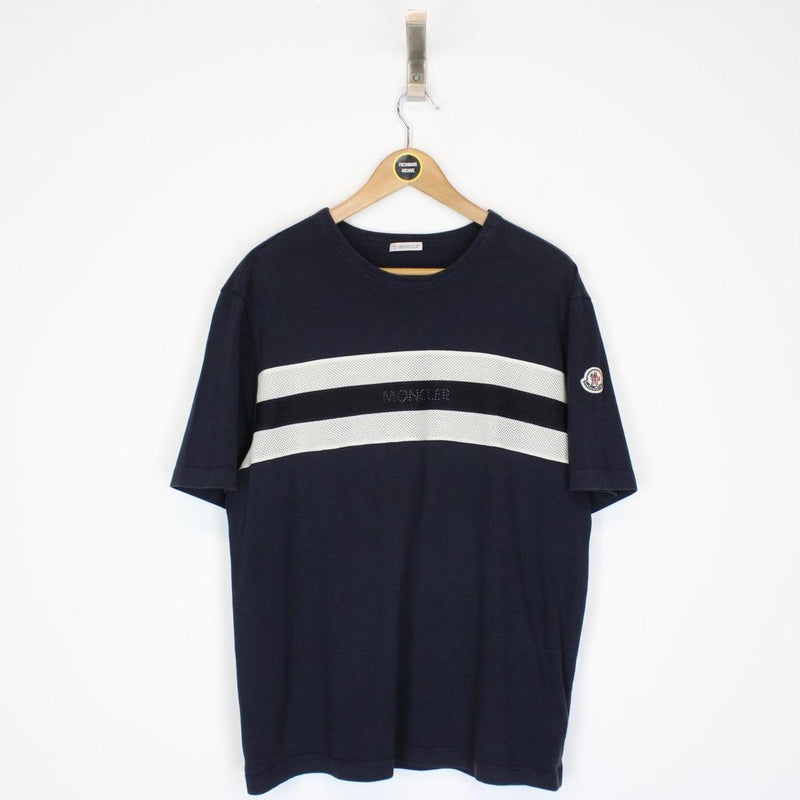 Moncler Navy Blue and White Mesh Stripe Short Sleeve Cotton T-Shirt
