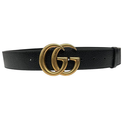 Gucci Black and Gold Marmont Textured Leather Belt with GG Buckle