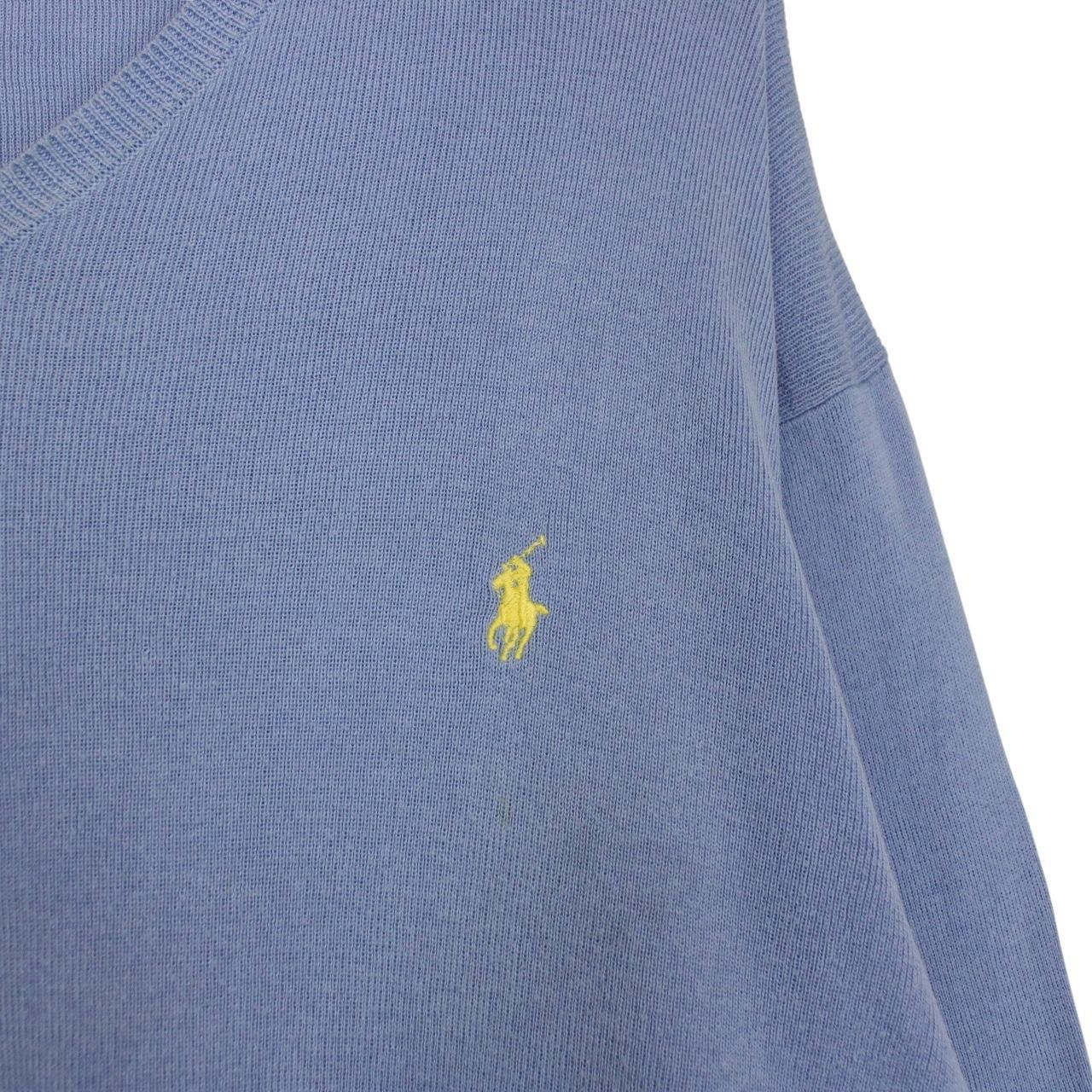 Polo Ralph Lauren blue knit v-neck jumper, soft pima cotton, faint marks visible.
