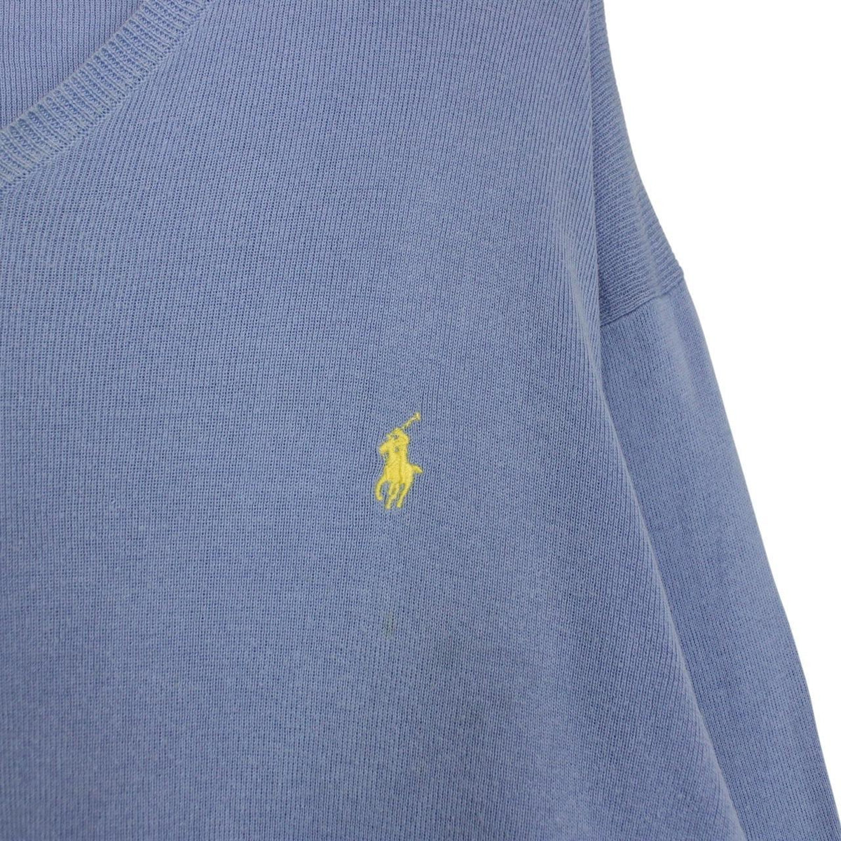 Polo Ralph Lauren blue knit v-neck jumper, soft pima cotton, faint marks visible.
