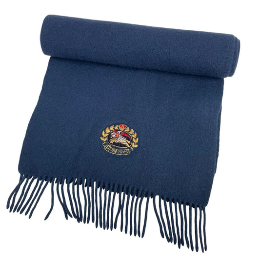 Burberry blue lambswool scarf with embroidered logo and vintage 90s design.