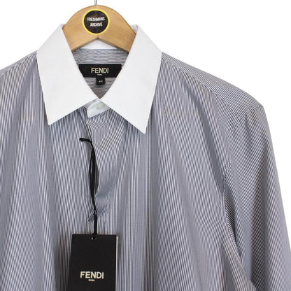Fendi Navy Blue and White Striped Long Sleeve Cotton Formal Shirt