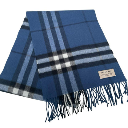 Burberry blue cashmere scarf featuring iconic Nova Check pattern and logo.