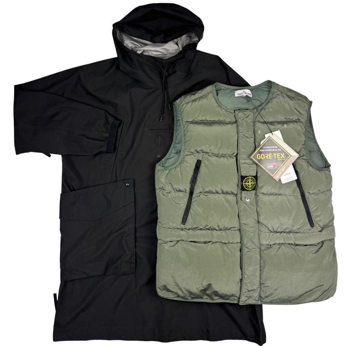 Stone Island black quilted gilet with Gore-Tex logo and ripstop material.